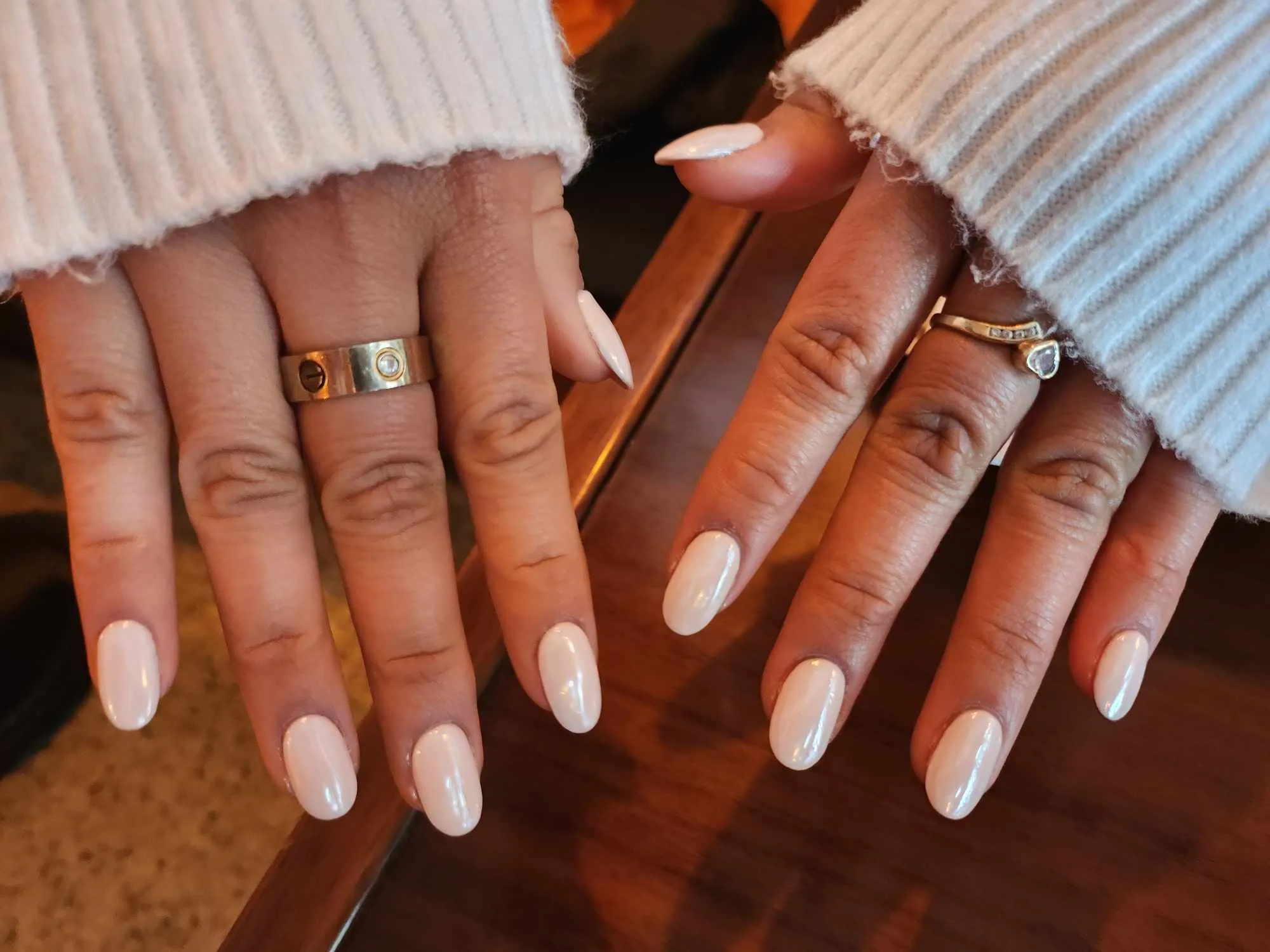 Pearl and opal chrome oval nails with gold rings — Minack Beauty nail work